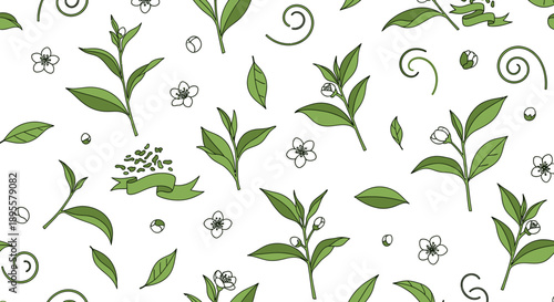 Pattern of green leafy plants with small flowers and swirling line accents creating a fresh botanical design