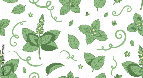 Seamless Pattern of Fresh Green Herbal Leaves and Vines for Natural Design