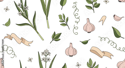 Delicate botanical illustration featuring herbs, floral elements, and essential oils for nature-inspired designs and herbal