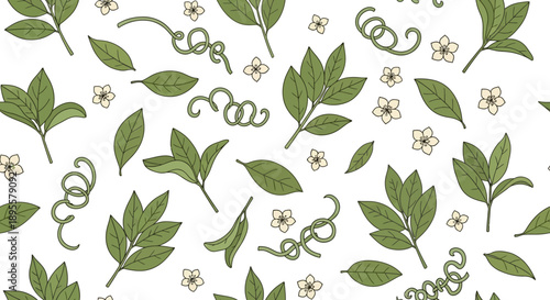 Seamless botanical pattern of various green leafy plants and delicate small flowers in a harmonious design suitable for textiles