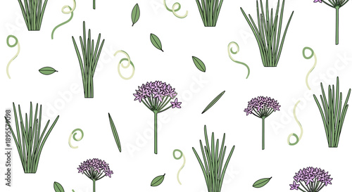 Seamless Pattern of Lavender and Green Vegetation with Swirling Elements for Textile or Decorative Design
