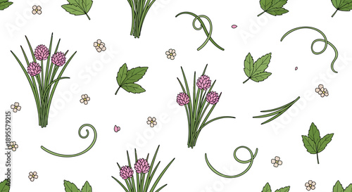 Delicate floral pattern featuring lavender and green leaves with whimsical swirling accents for elegant design and decorative