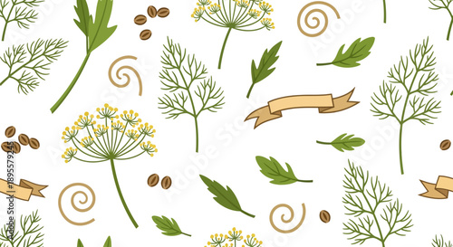 Botanical Pattern Featuring Various Herbs and Seeds with Vintage Design Elements