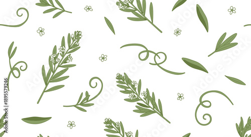 Delicate green botanical pattern featuring assorted herb leaves and swirling tendrils on a light background ideal for natural