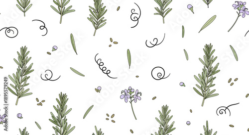 Delicate botanical pattern featuring lavender sprigs and whimsical elements for nature-inspired design