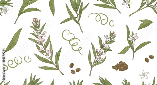 Elegant botanical pattern featuring green leafy sprigs white flowers and scattered coffee beans on a light background for