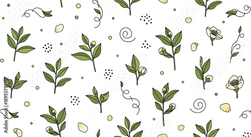 Delicate botanical pattern featuring green leaves and blooming flowers with swirling accents for elegant designs