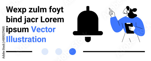 Bell icon symbolizes alert beside person pointing with finger and clipboard. Ideal for communication, messaging, alert system, notification management, online apps, user interaction, simple landing