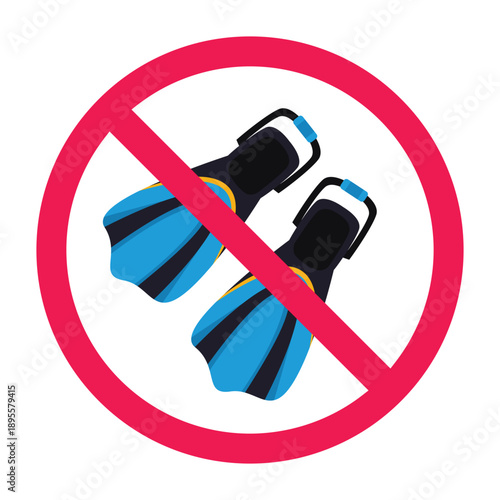No diving sign, diving fins prohibited symbol, do not use swim fins sign, forbidden sign with scuba fins icon, vector illustration