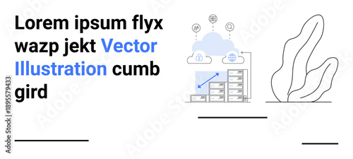 Data storage, cloud computing, information management, networking, digital solutions, modern technology. Vector graphic with server racks and cloud icons. Data storage and cloud computing