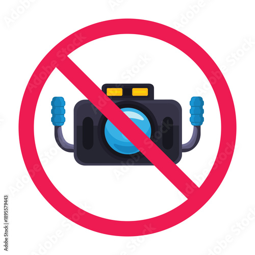 No underwater camera sign, no underwater photography symbol, forbidden sign with underwater camera icon, do not use underwater camera sign, vector illustration