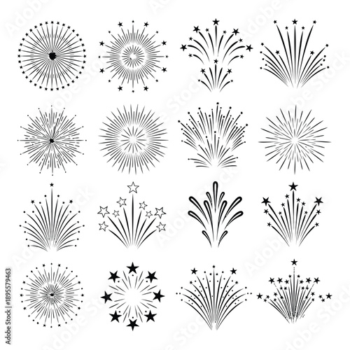 Fireworks exploding in the air with stars and lines  various designs