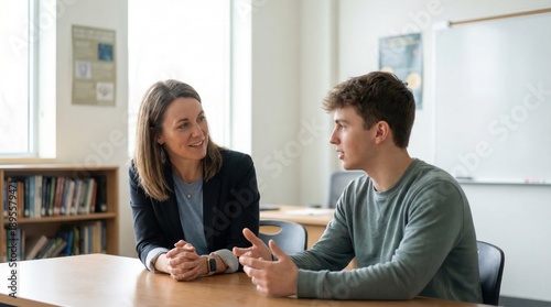 Supportive female teacher listening attentively to teenage student discussing future career plans during one-on-one mentoring session in bright modern high school classroom