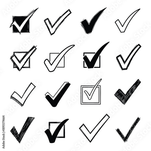 Collection of various hand drawn checkmark and checkbox symbols in black and white