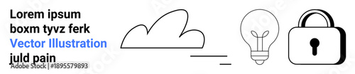 Cloud computing, innovation solutions, cybersecurity, data storage, creative ideas, technology integration. Minimalist cloud, light bulb and lock symbols. Cloud computing and innovation solutions