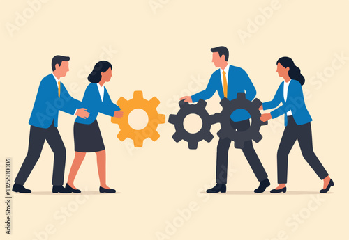  Work together, teamwork or cooperate to success, solution to team support for best efficiency or productivity, development or organization concept, businessman people connect gear cogwheels together