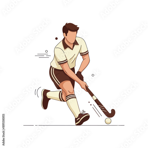 Field Hockey Player Action Illustration, Sport Athlete Running with Stick and Ball