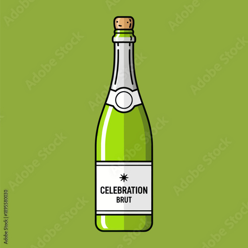 Green Bottle of Champagne "Celebration Brut" on Green Background, Flat Design