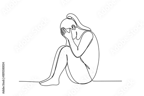 Continuous Line Drawing of a Depressed Woman Sitting and Crying, Covering Her Face