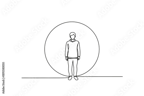 Continuous Line Drawing of Man Standing in a Circle Symbolizing Personal Space and Social Distance