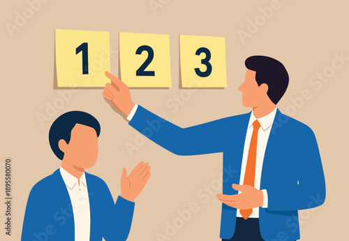 Set work priority, arrange to do list which job to do before and after, task management concept, young entrepreneur businessman manage to prioritize sticky note with number first, second and third.