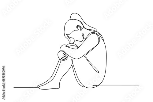 Single Line Drawing of a Depressed Woman Hugging Her Knees