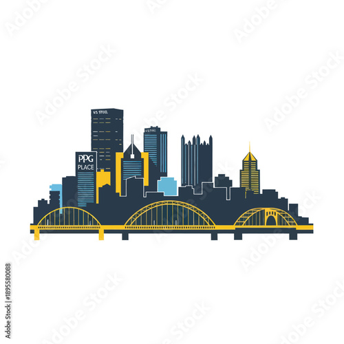 Pittsburgh Skyline Silhouette with Bridges and Tall Buildings