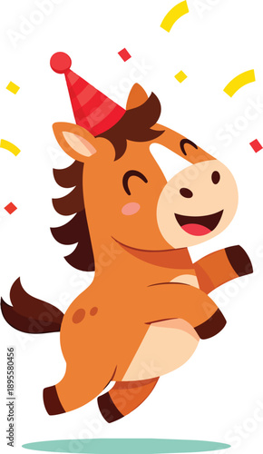 A cheerful cartoon brown horse wearing a red party hat, jumping happily with confetti falling around it, celebrating a birthday or party.