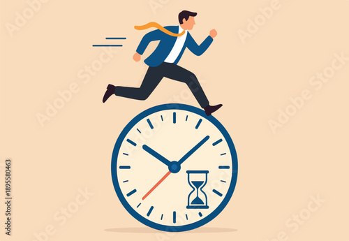 Time run out, deadline or hurry to go to the office late, urgency or determination to finish work fast, stressed or anxiety to complete work concept, hurry businessman run fast on time run out clock.