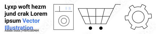 Washing machine, shopping cart, and gear icon suggesting retail, e-commerce, technology, and home maintenance. Ideal for e-commerce, retail, home products technology services user interfaces
