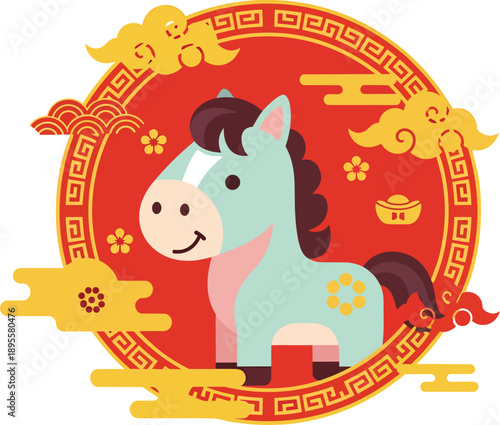 Cute cartoon horse in a red circular frame with traditional Chinese patterns, golden clouds, and flowers, celebrating the Lunar New Year.