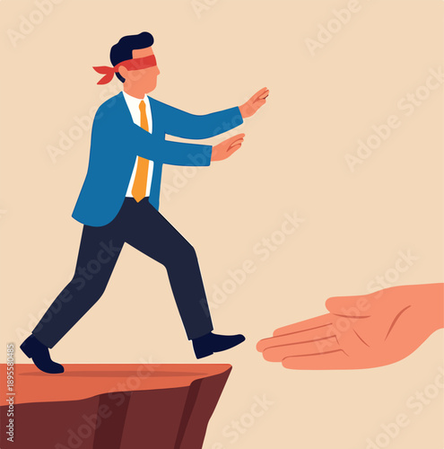 Mistake or wrong decision with blind decision, business problem with blindfold leadership, trouble, failure or trap for bad decision concept, blindfold business people walk to unknown falling cliff.