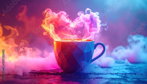 Vivid cup emanates colorful, heart-shaped smoke in dynamic, vibrant display