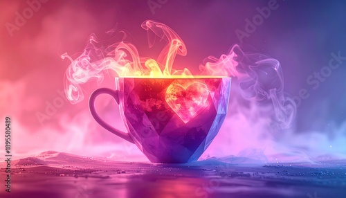 Geometric mug with glowing heart emits smoke, in colorful ethereal scene