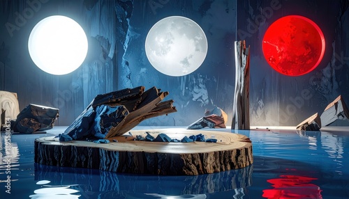 Abstract scene with spheres, wood, water, and dramatic lighting