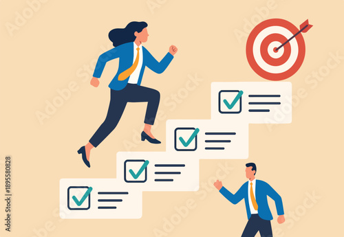 Personal development plan for career success, build specialist skill or competence to motivate and achieve business target concept, smart businesswoman walk up checklist as staircase to achieve targe