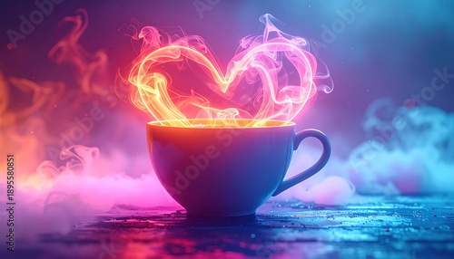 White teacup with glowing heart-shaped steam against a gradient backdrop