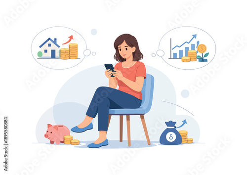 Woman planning investments on smartphone, flat vector illustration