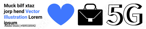 Connectivity, communication, 5G networks, innovation, professional tools, business. Blue heart, black briefcase and bold 5G text. Connectivity and communication for versatile use