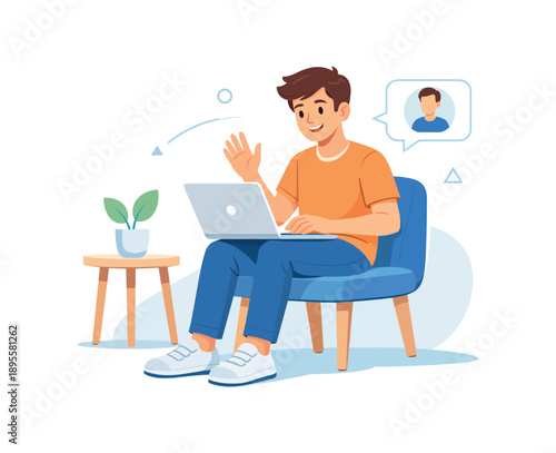 Smiling man on laptop video calling friend, flat vector illustration