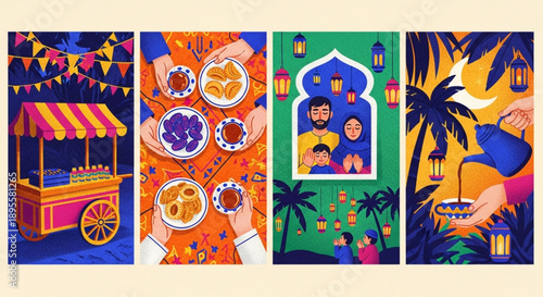 Ramadan Kareem Ramadan festive illustrations depicting cultural traditions, family gatherings, and culinary delights during the holy month