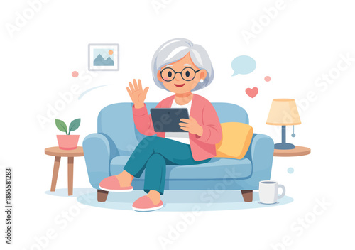 Elderly woman using tablet on sofa at home, flat vector illustration