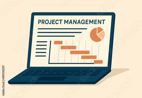  Project management, planning for software development, resources and budget planning, project schedule diagram, gantt chart for work deadline concept, computer laptop with project management software