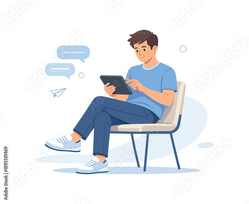 Man using tablet on chair with chat bubbles, flat vector illustration