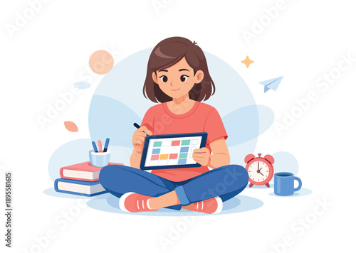 Girl drawing on tablet surrounded by books and alarm clock, flat vector illustration