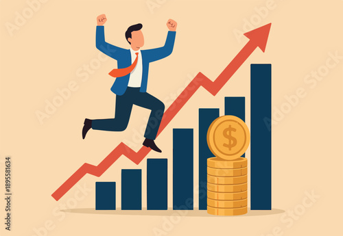 Success investing, growing wealth or being rich from pension or mutual fund, stock market return, money or financial success concept, rich businessman jump high on money coin stack with growth graph