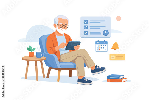 Elderly man using tablet with notifications, flat vector illustration