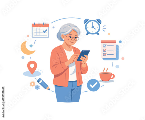 Elderly woman using smartphone surrounded by icons, flat vector illustration
