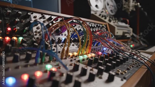 Electronic Music Modular Synthesizer Setup with Patch Cables and Lights