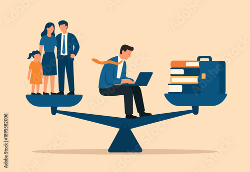Work life balance, choose between family or hard work to be success, career opportunity or spend time with family, decision or responsibility concept, seesaw compare between family and man work hard